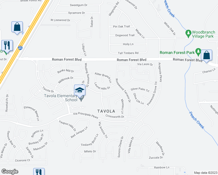 map of restaurants, bars, coffee shops, grocery stores, and more near Laurel Hills Drive in New Caney