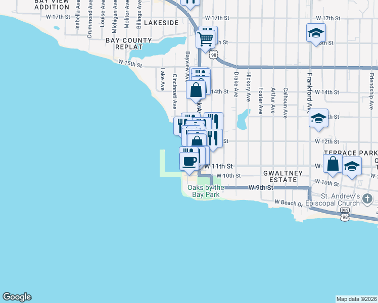 map of restaurants, bars, coffee shops, grocery stores, and more near 1120 Bayview Avenue in Panama City