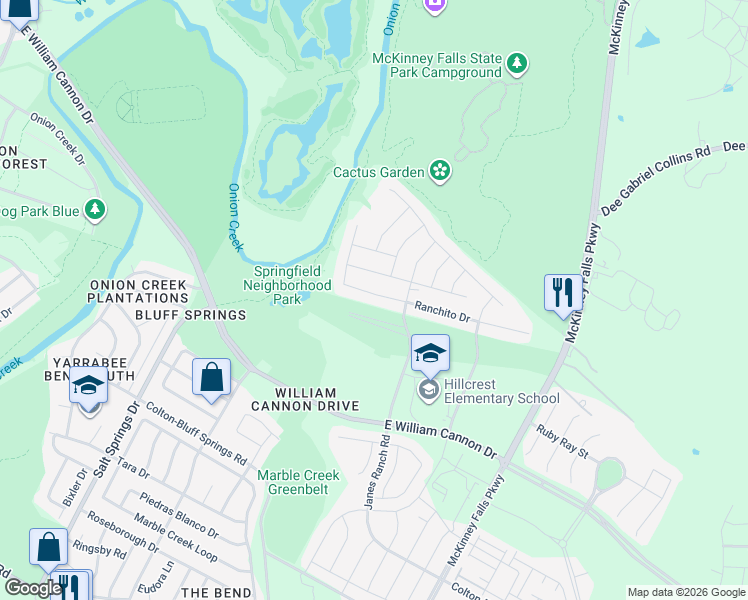 map of restaurants, bars, coffee shops, grocery stores, and more near 6616 Ranchito Drive in Austin