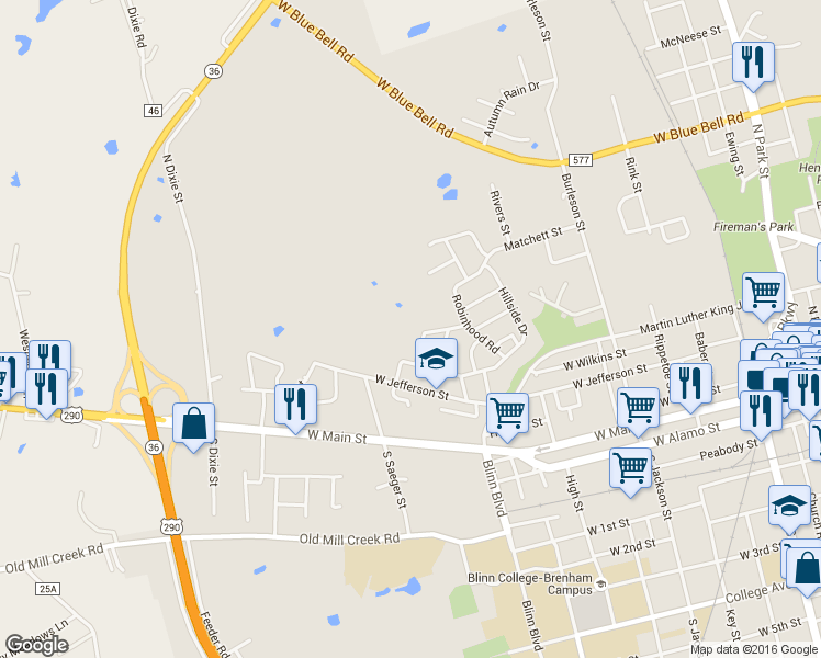 map of restaurants, bars, coffee shops, grocery stores, and more near 1114 Shepard Street in Brenham