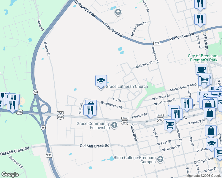 map of restaurants, bars, coffee shops, grocery stores, and more near 1114 Shepard Street in Brenham