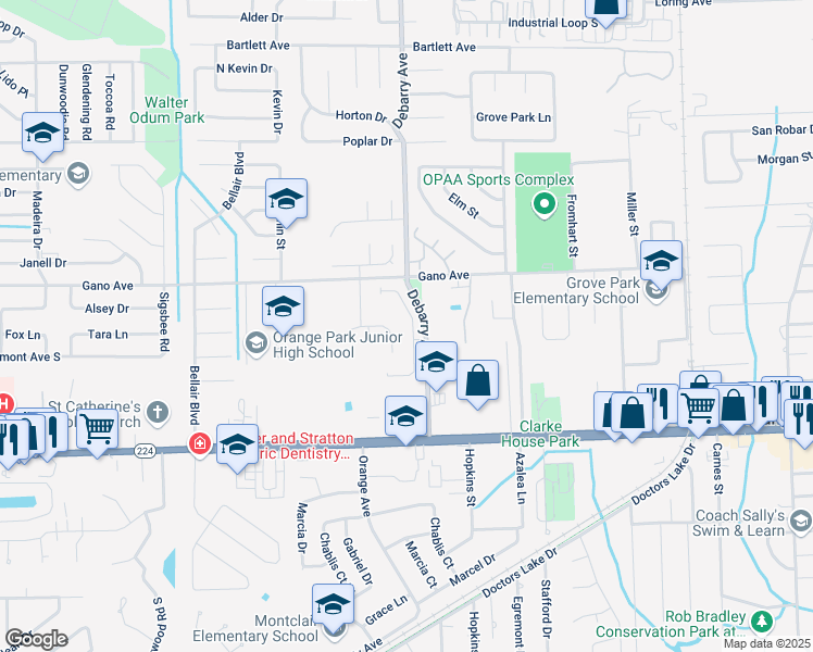 map of restaurants, bars, coffee shops, grocery stores, and more near 1540 Slash Pine Court in Orange Park