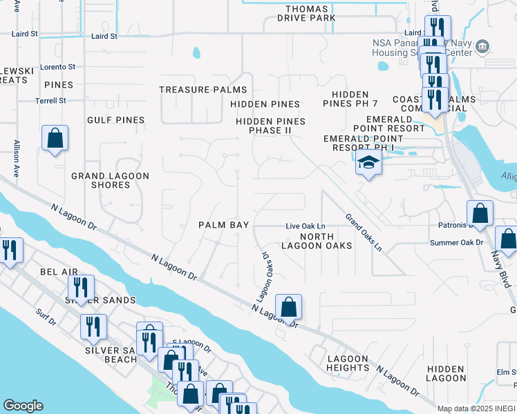 map of restaurants, bars, coffee shops, grocery stores, and more near 593 North Lagoon Oaks Drive in Panama City