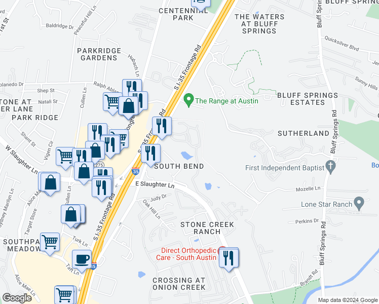map of restaurants, bars, coffee shops, grocery stores, and more near 310 East Slaughter Lane in Austin