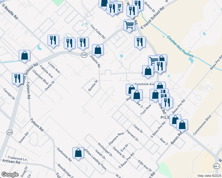map of restaurants, bars, coffee shops, grocery stores, and more near 411 Vieux Orleans Circle in Lafayette