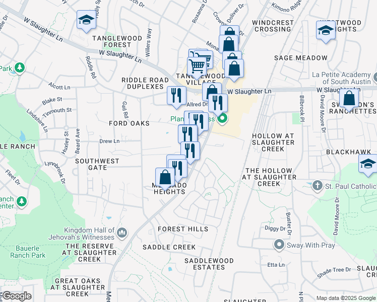 map of restaurants, bars, coffee shops, grocery stores, and more near 10212 Menchaca Road in Austin