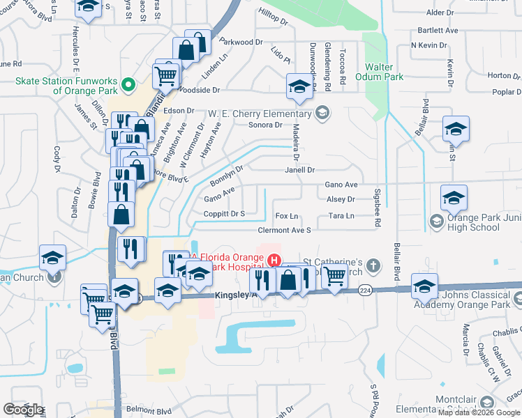 map of restaurants, bars, coffee shops, grocery stores, and more near 589 Madeira Drive in Orange Park