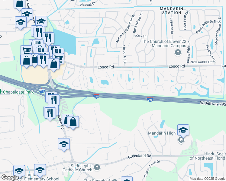 map of restaurants, bars, coffee shops, grocery stores, and more near 11244 Bentley Trace Lane East in Jacksonville
