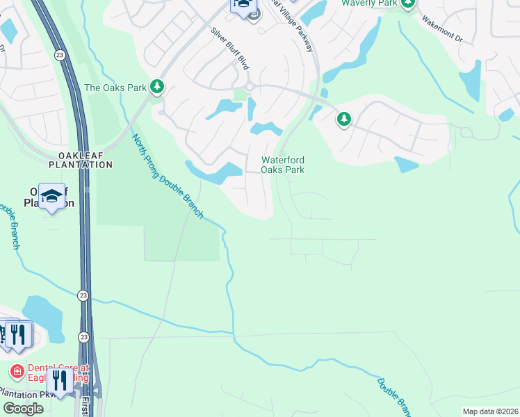 map of restaurants, bars, coffee shops, grocery stores, and more near 1368 Akron Oaks Drive in Orange Park