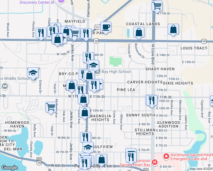 map of restaurants, bars, coffee shops, grocery stores, and more near 1112 Mc Kenzie Avenue in Panama City
