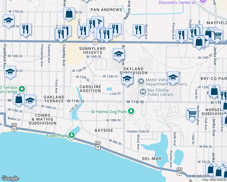 map of restaurants, bars, coffee shops, grocery stores, and more near 1036 11th Court in Panama City