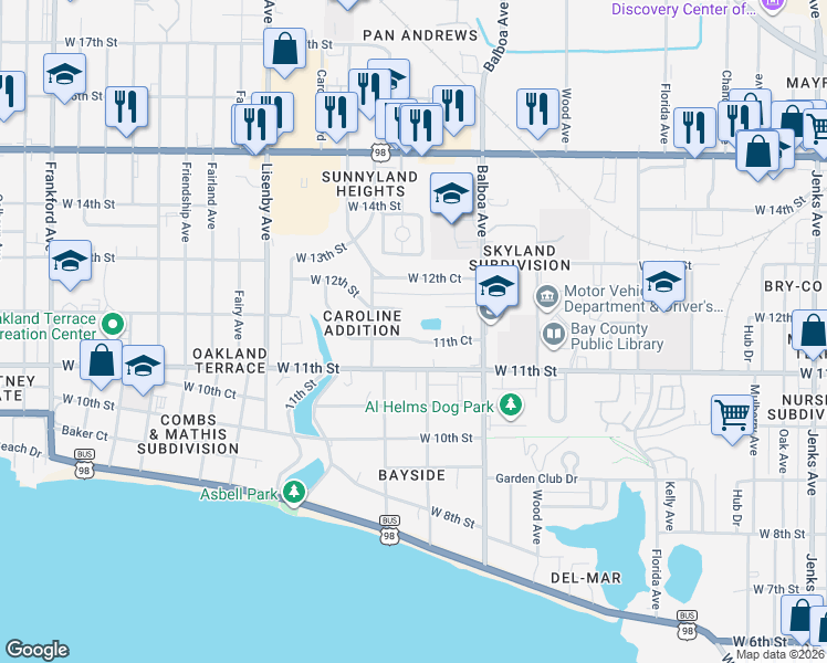 map of restaurants, bars, coffee shops, grocery stores, and more near 1112 Earl Avenue in Panama City
