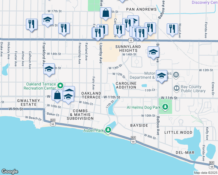 map of restaurants, bars, coffee shops, grocery stores, and more near 1325 West 12th Street in Panama City