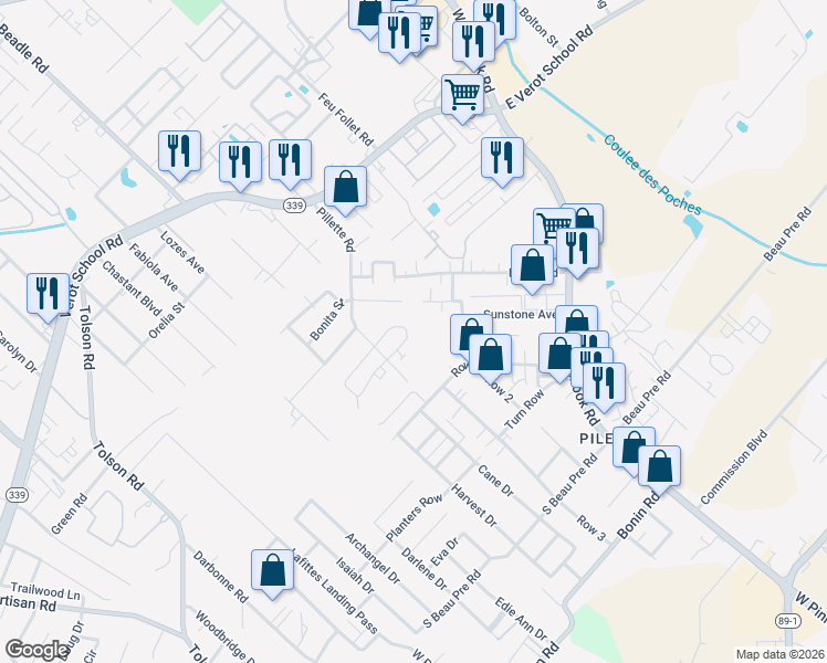 map of restaurants, bars, coffee shops, grocery stores, and more near 412 Vieux Orleans Circle in Lafayette