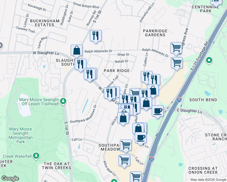 map of restaurants, bars, coffee shops, grocery stores, and more near 313 Shant Street in Austin
