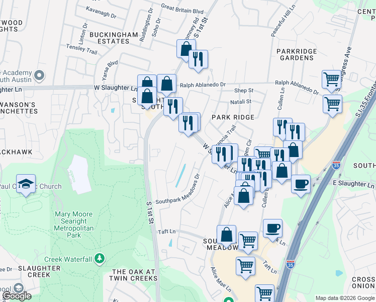 map of restaurants, bars, coffee shops, grocery stores, and more near 9111 Margaret Jewel Lane in Austin