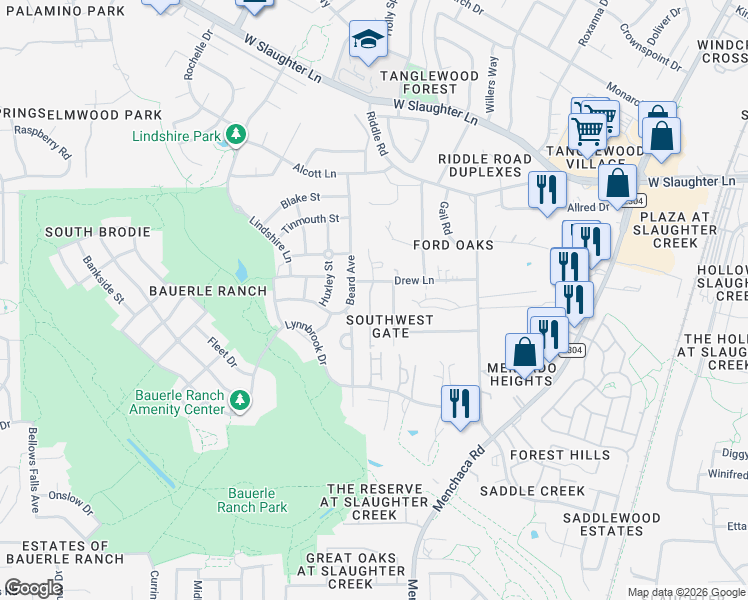 map of restaurants, bars, coffee shops, grocery stores, and more near 10402 Margra Lane in Austin