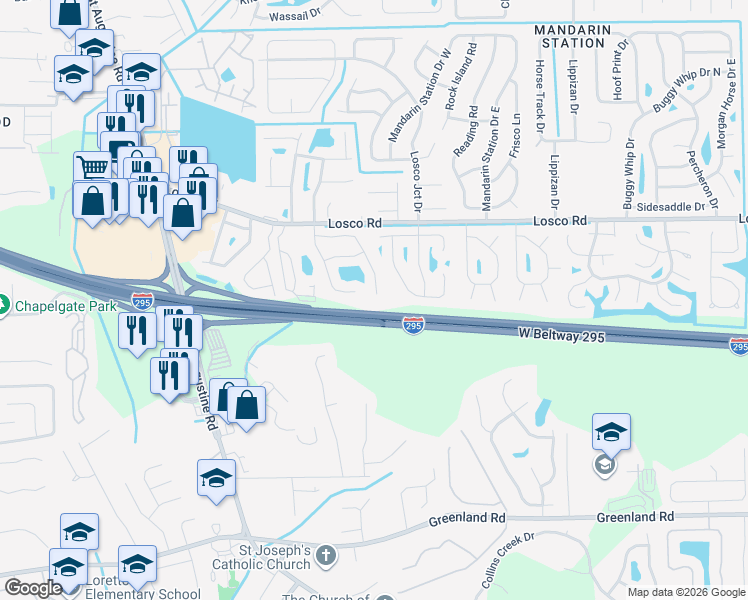 map of restaurants, bars, coffee shops, grocery stores, and more near 11238 Bentley Trace Lane East in Jacksonville