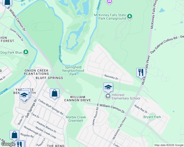 map of restaurants, bars, coffee shops, grocery stores, and more near 6513 Ranchito Drive in Austin