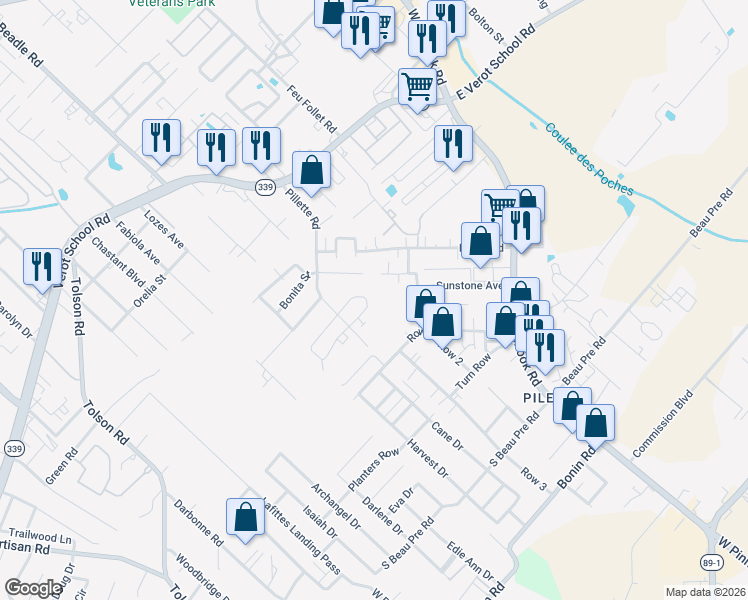 map of restaurants, bars, coffee shops, grocery stores, and more near 412 Vieux Orleans Circle in Lafayette