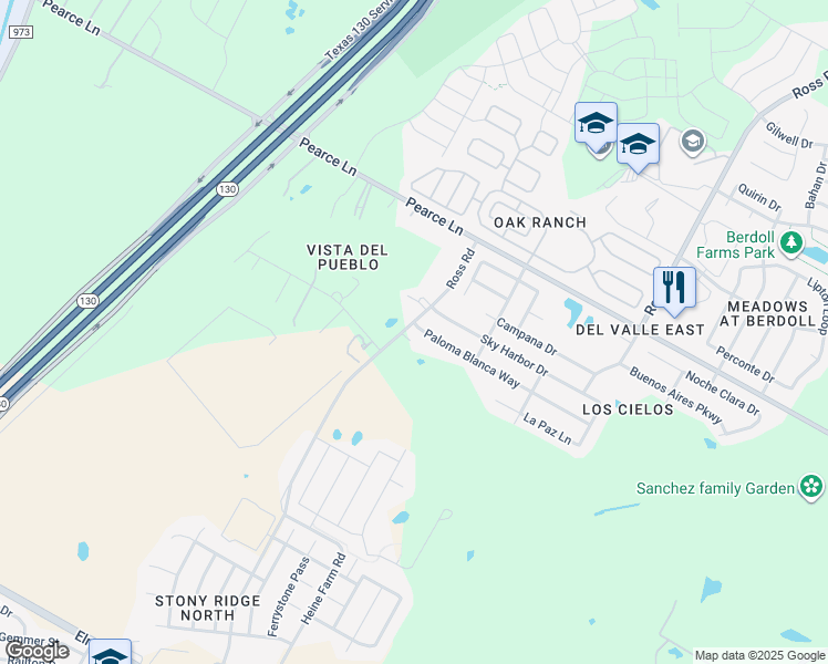 map of restaurants, bars, coffee shops, grocery stores, and more near 12201 Paloma Blanca Way in Del Valle