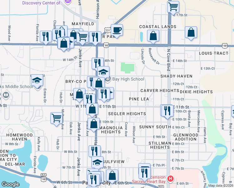 map of restaurants, bars, coffee shops, grocery stores, and more near 1112 Mc Kenzie Avenue in Panama City