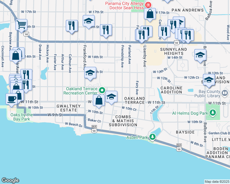 map of restaurants, bars, coffee shops, grocery stores, and more near 1116 Fortune Avenue in Panama City