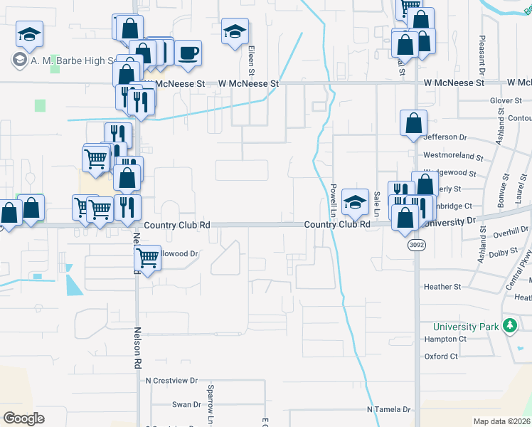 map of restaurants, bars, coffee shops, grocery stores, and more near 1400 Country Club Road in Lake Charles