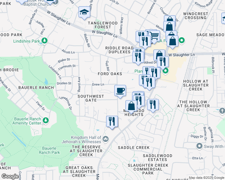 map of restaurants, bars, coffee shops, grocery stores, and more near 10330 Old Manchaca Road in Austin