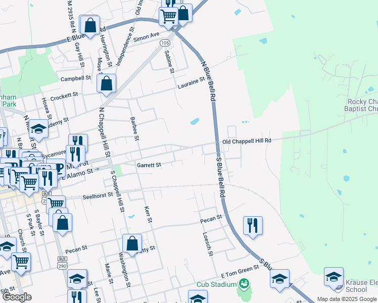 map of restaurants, bars, coffee shops, grocery stores, and more near 1506 East Alamo Street in Brenham