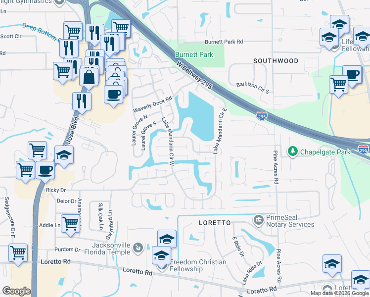 map of restaurants, bars, coffee shops, grocery stores, and more near 3458 Excalibur Way East in Jacksonville