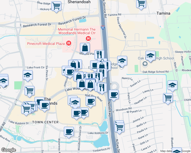 map of restaurants, bars, coffee shops, grocery stores, and more near 1100 Lake Woodlands Drive in The Woodlands
