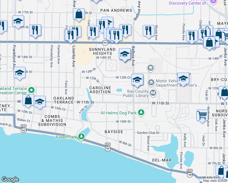 map of restaurants, bars, coffee shops, grocery stores, and more near 1112 Earl Avenue in Panama City