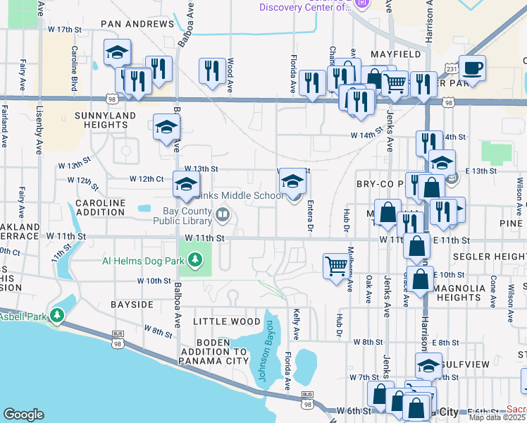 map of restaurants, bars, coffee shops, grocery stores, and more near 1110 Parker Drive in Panama City