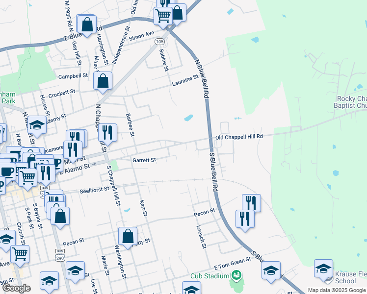 map of restaurants, bars, coffee shops, grocery stores, and more near 1506 East Alamo Street in Brenham