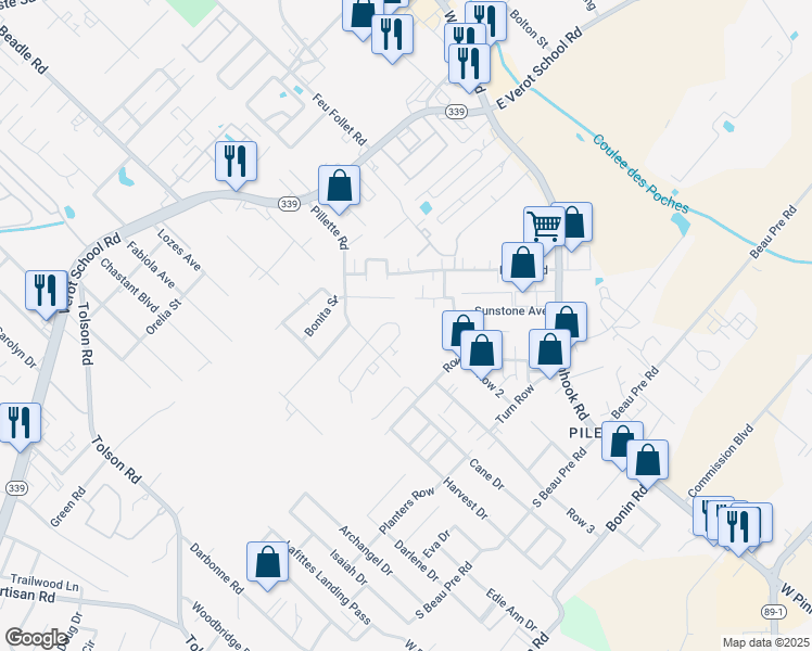 map of restaurants, bars, coffee shops, grocery stores, and more near 412 Vieux Orleans Circle in Lafayette