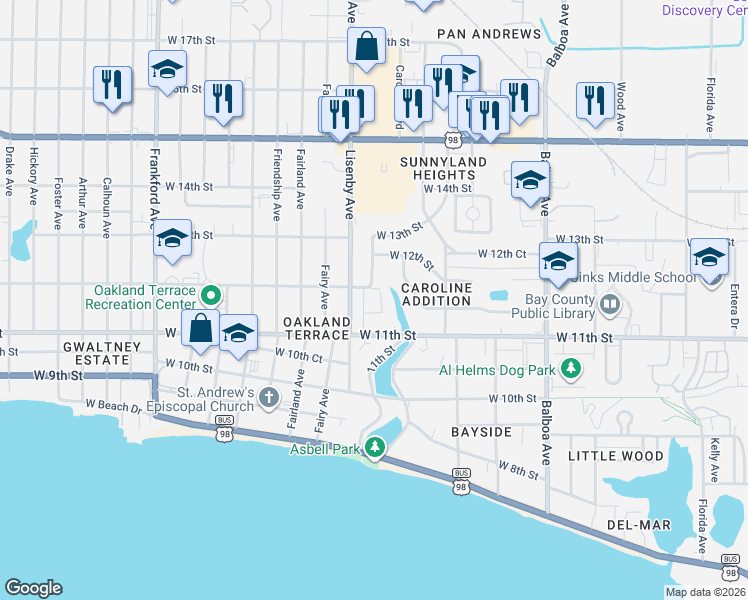 map of restaurants, bars, coffee shops, grocery stores, and more near 1325 West 12th Street in Panama City