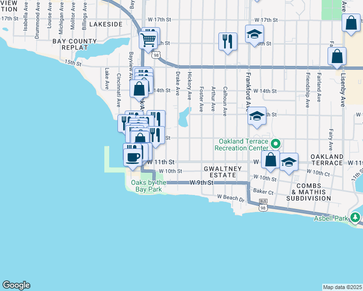 map of restaurants, bars, coffee shops, grocery stores, and more near 1112 Drake Avenue in Panama City