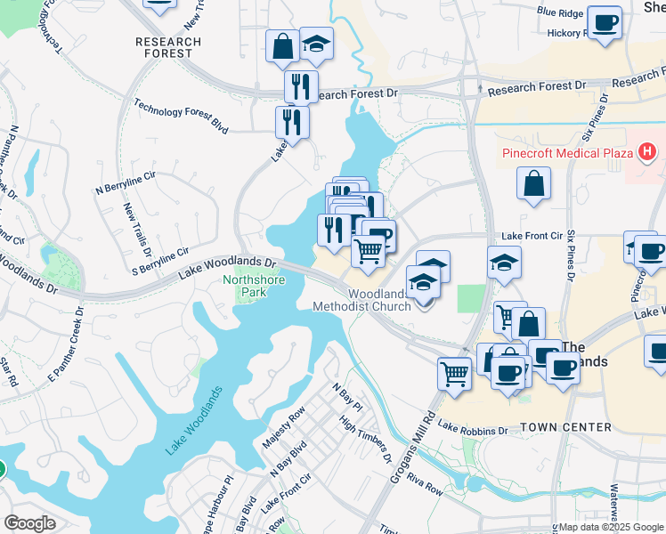 map of restaurants, bars, coffee shops, grocery stores, and more near 2000 Hughes Landing Boulevard in The Woodlands
