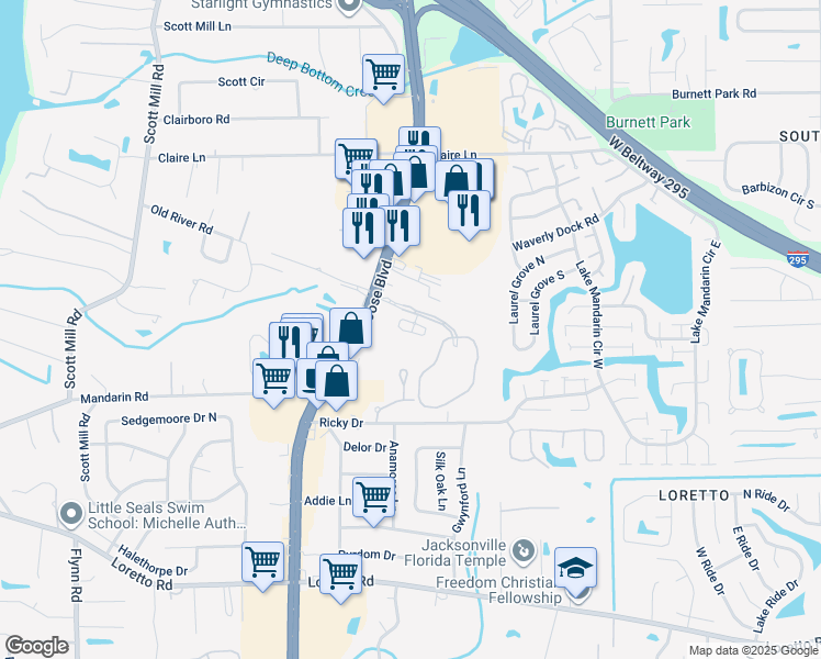 map of restaurants, bars, coffee shops, grocery stores, and more near 11261 San Jose Boulevard in Jacksonville