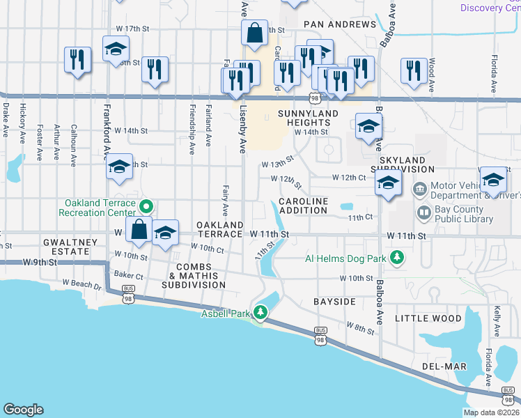 map of restaurants, bars, coffee shops, grocery stores, and more near 1325 West 12th Street in Panama City