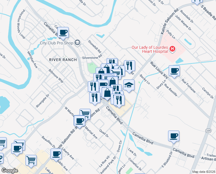 map of restaurants, bars, coffee shops, grocery stores, and more near 129 River Ranch Blvd in Lafayette