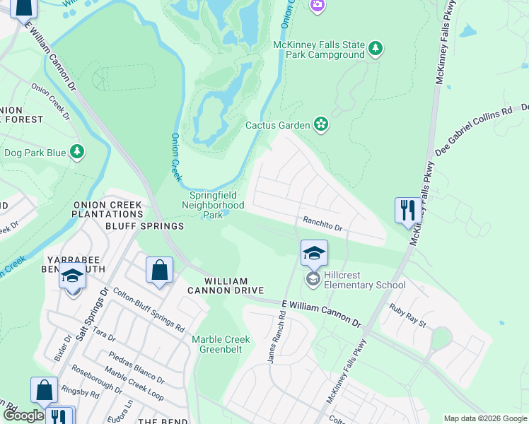 map of restaurants, bars, coffee shops, grocery stores, and more near 6513 Ranchito Drive in Austin