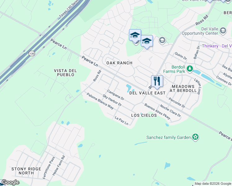 map of restaurants, bars, coffee shops, grocery stores, and more near 12504 Campana Drive in Del Valle