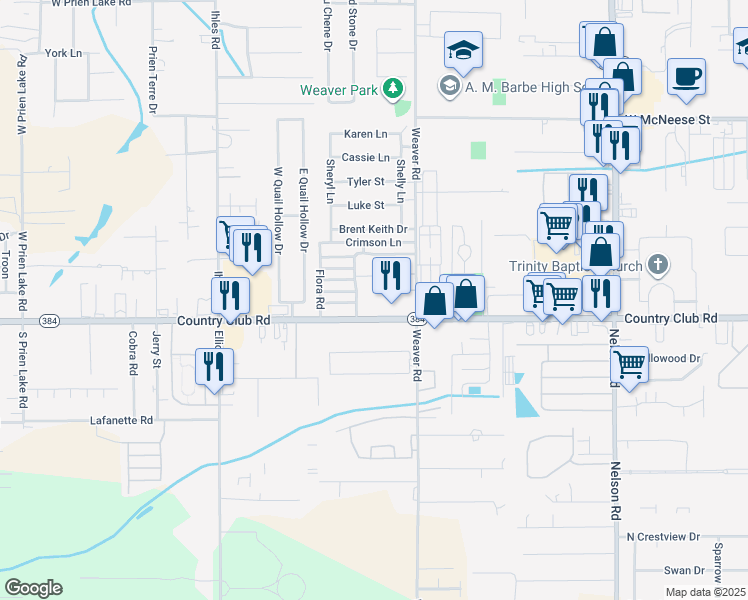 map of restaurants, bars, coffee shops, grocery stores, and more near 2420 Country Club Road in Lake Charles
