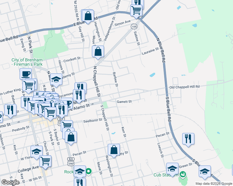 map of restaurants, bars, coffee shops, grocery stores, and more near 1103 East Main Street in Brenham