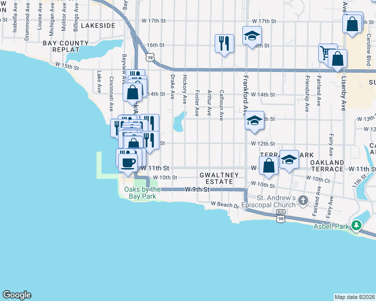 map of restaurants, bars, coffee shops, grocery stores, and more near 1115 Foster Ave in Panama City