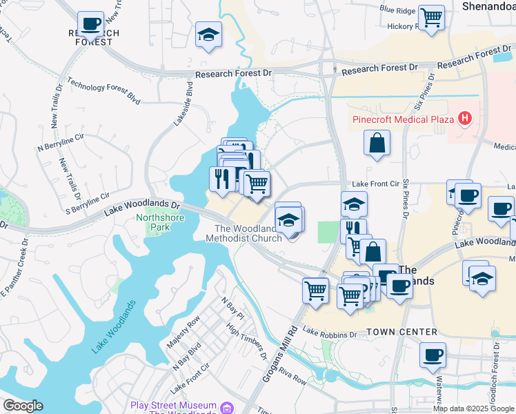 map of restaurants, bars, coffee shops, grocery stores, and more near 1925 Hughes Landing Boulevard in The Woodlands