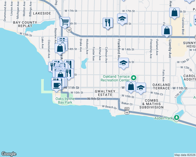 map of restaurants, bars, coffee shops, grocery stores, and more near 1114 Arthur Avenue in Panama City