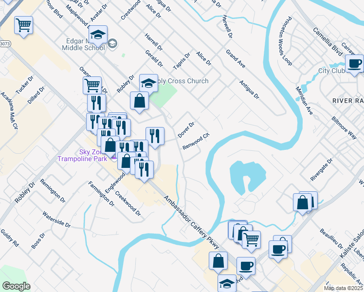 map of restaurants, bars, coffee shops, grocery stores, and more near 909 Broadmoor Boulevard in Lafayette